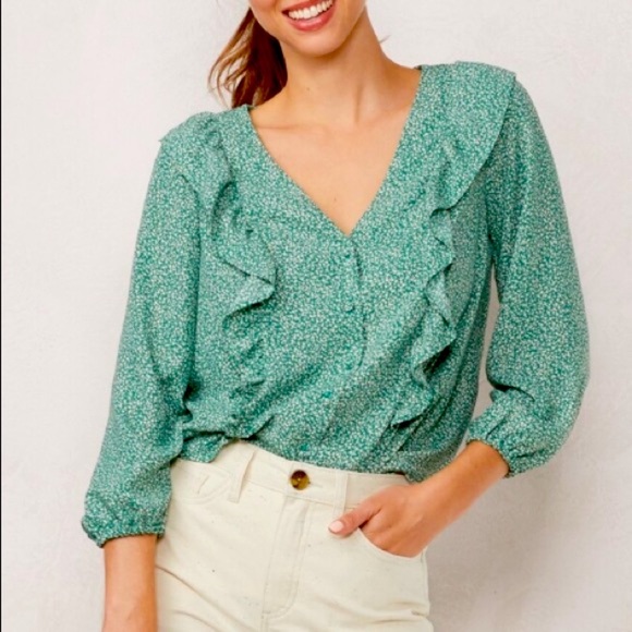 LC Lauren Conrad Tops - LC Lauren Conrad V-Neck Ruffle Blouse Green Blouse